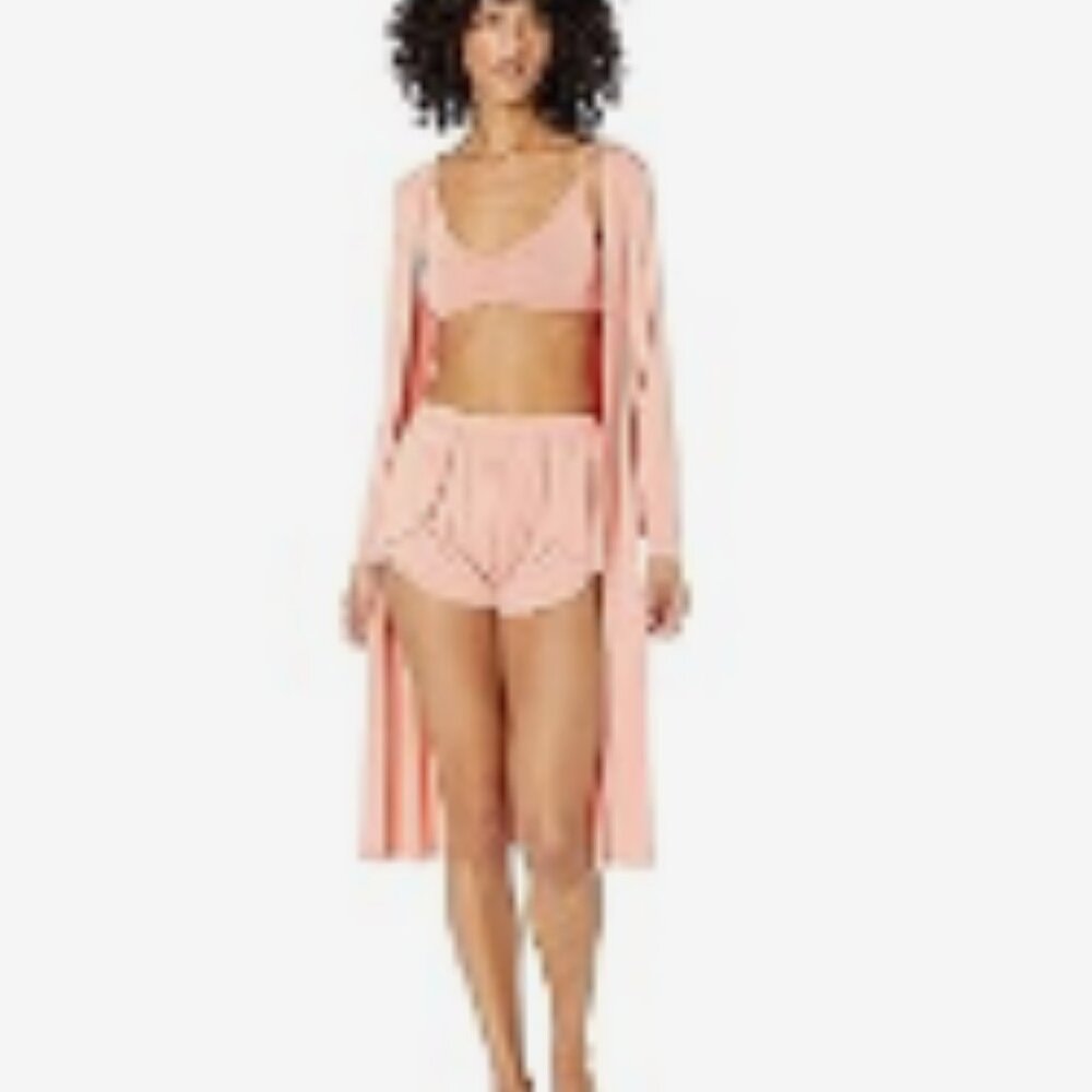 Kickee Sleeping Bra, Tulip Shorts & Duster Robe Set in coral blush peach pink